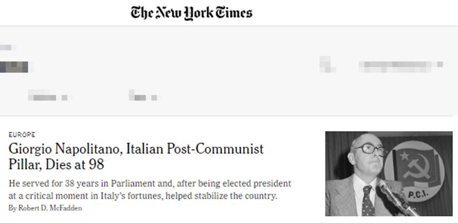 La notizia della morte del Presidente Emerito della Repubblica, senatore Giorgio Napolitano, 22 settembre 2023. (ANSA/The New York Times)