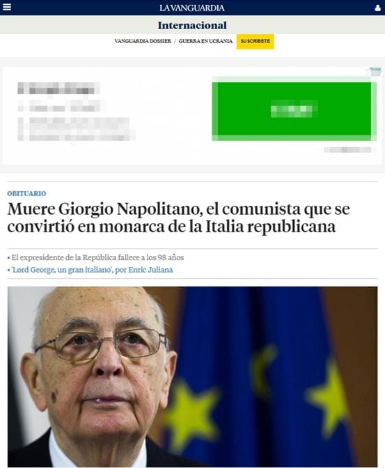 La notizia della morte del Presidente Emerito della Repubblica, senatore Giorgio Napolitano, 22 settembre 2023. (ANSA/La Vanguardia)