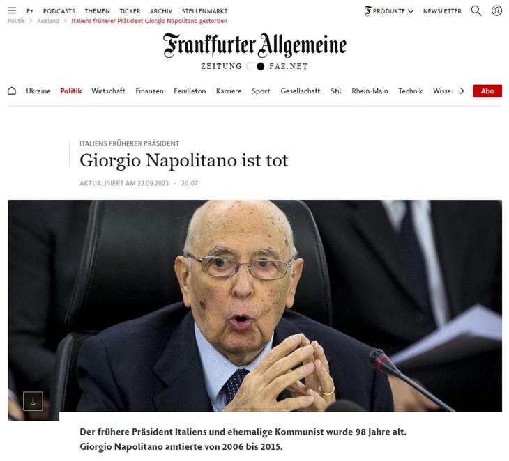 La notizia della morte del Presidente Emerito della Repubblica, senatore Giorgio Napolitano, 22 settembre 2023. (ANSA/Frankfurter Allgemeine)