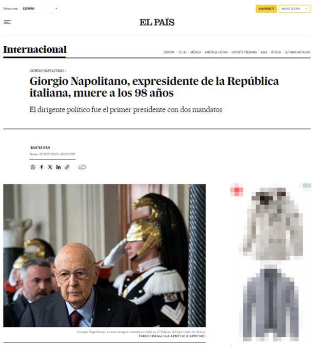 La notizia della morte del Presidente Emerito della Repubblica, senatore Giorgio Napolitano, 22 settembre 2023. (ANSA/El Pais)