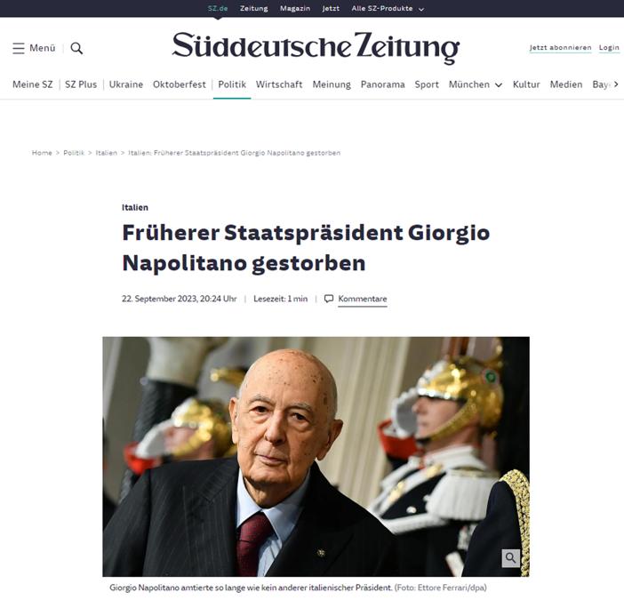 La notizia della morte del Presidente Emerito della Repubblica, senatore Giorgio Napolitano, 22 settembre 2023. (ANSA/Suddeutsche Zeitung) 