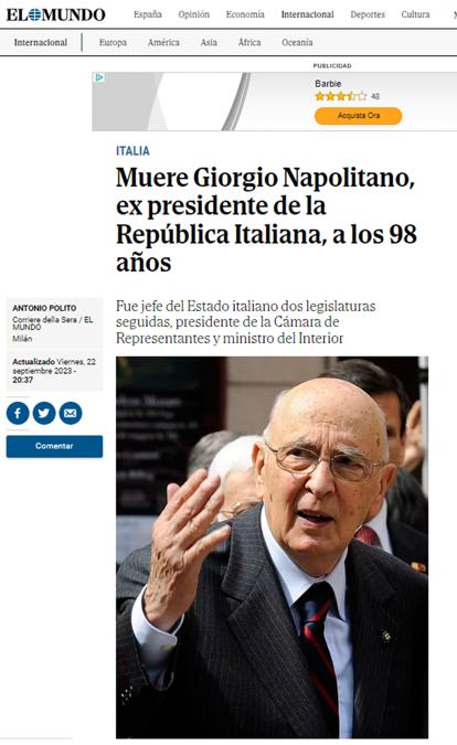 La notizia della morte del Presidente Emerito della Repubblica, senatore Giorgio Napolitano, 22 settembre 2023. (ANSA/El Mundo)