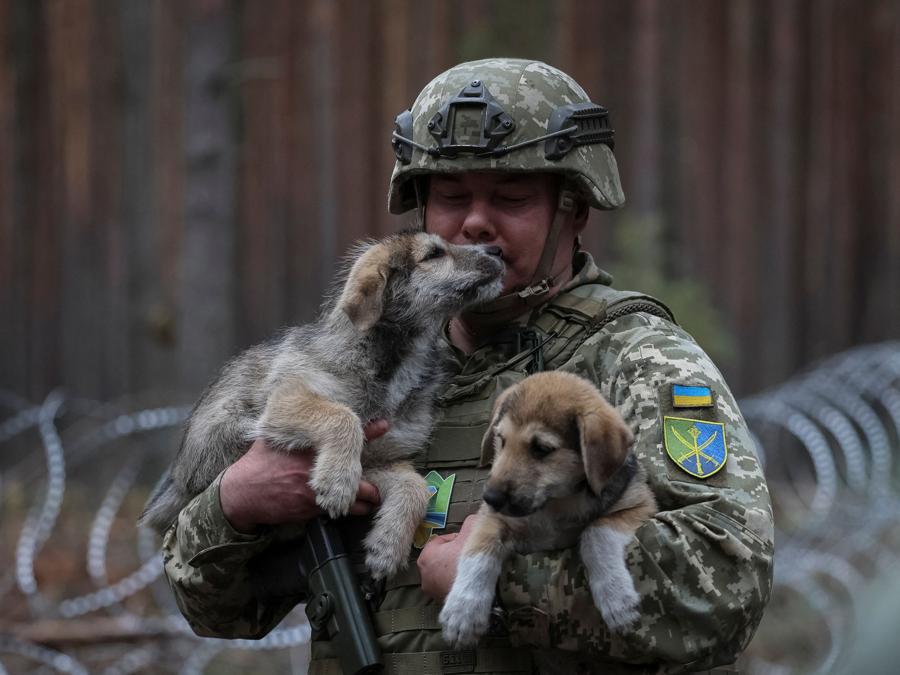 Il comandante delle forze congiunte delle forze armate ucraine  tiene in braccio dei cuccioli di cane mentre visita delle postazioni vicino al confine con la Bielorussia,  nella regione di Zhytomyr. (Reuters/Gleb Garanich)