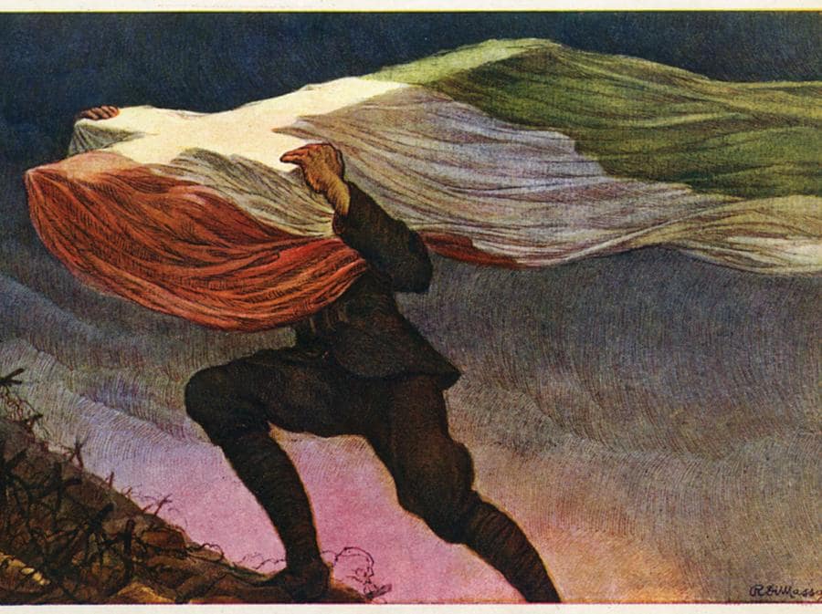 1915. Manifesto prima guerra mondiale, un soldato porta una croce in spalla, avvolta dal tricolore (Agf/Fototeca Gilardi)