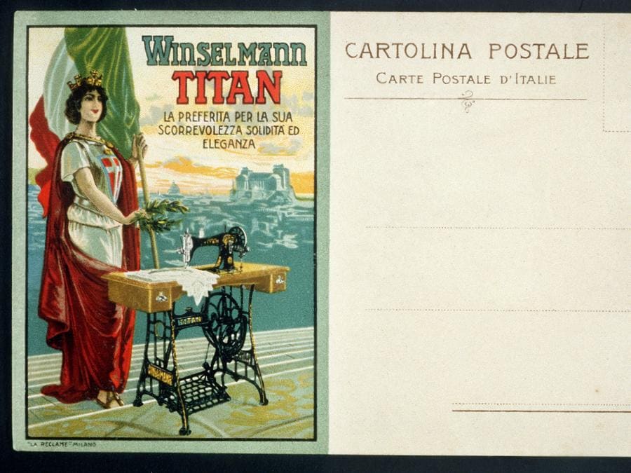 Italia 1900 Cartolina postale pubblicitaria per le macchine da cucire Winselman Titan. Il 'testimonial' è niente di meno che l'Italia turrita che declama la validità del prodotto (Agf/Fototeca Gilardi)