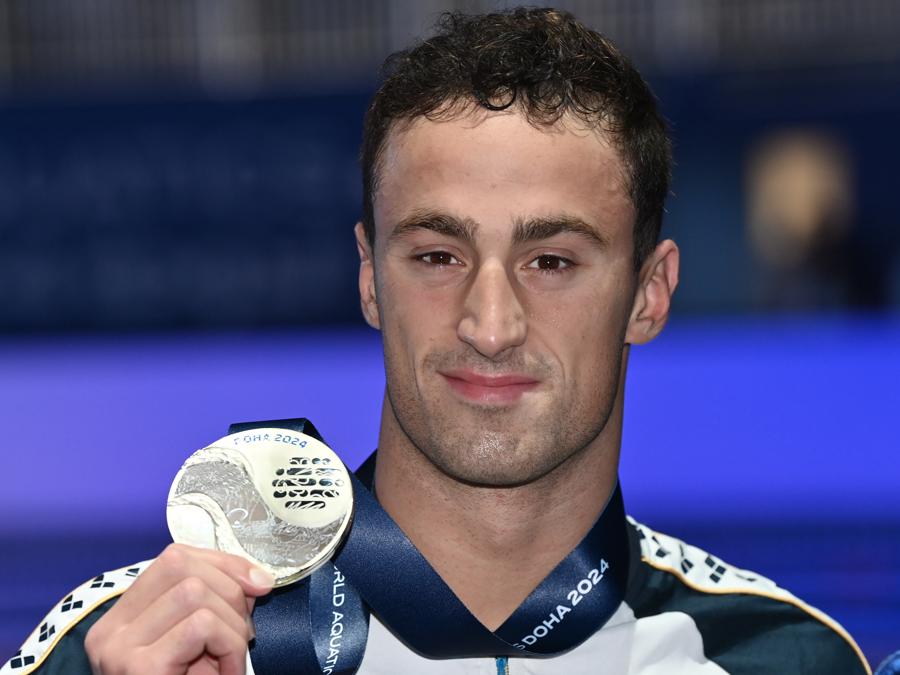 14 febbraio 2024  - Alberto Razzetti (Italia) vince la medaglia d’argento nella finale dei 200 metri farfalla maschile durante i Campionati mondiali di nuoto Doha 2024. (Photo by Gian Mattia D'Alberto / LaPresse)