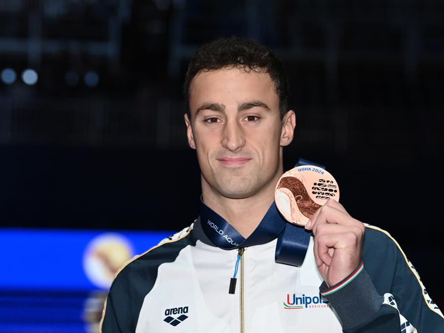 15 febbraio 2024 - Alberto Razzetti  medaglia di bronzo alla finale mista dei 200 metri maschili aiCampionati mondiali di nuoto di Doha (Photo by Gian Mattia D'Alberto / LaPresse)