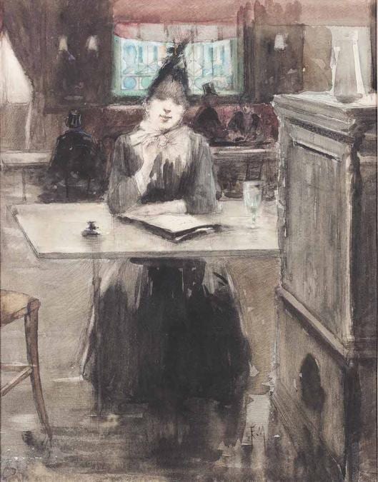 EDGAR DE SAINT-PIERRE DE MONTZAIGLE, Femme au café, 1900 circa, acquerello su carta. Svizzera, Collezione Michel & Sonja Langenstein