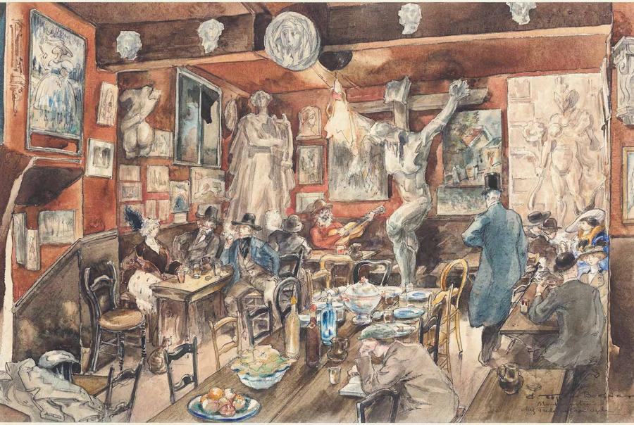 GEORGES TIRET-BOGNET, L’Intérieur du Lapin agile, 1905 circa, acquerello su carta, Svizzera, Collezione Michel & Sonja Langenstein