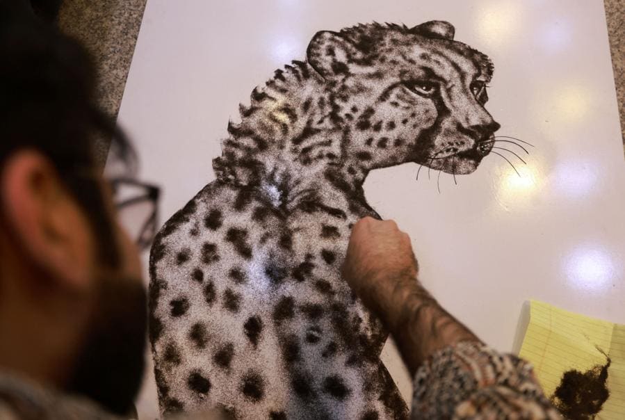 Il barbiere iracheno Hussein Falih, 31 anni, realizza un’opera d’arte raffigurante una tigre usando i capelli dei suoi clienti, nel suo negozio a Baghdad, in Iraq. (foto REUTERS/Ahmed Saad) 