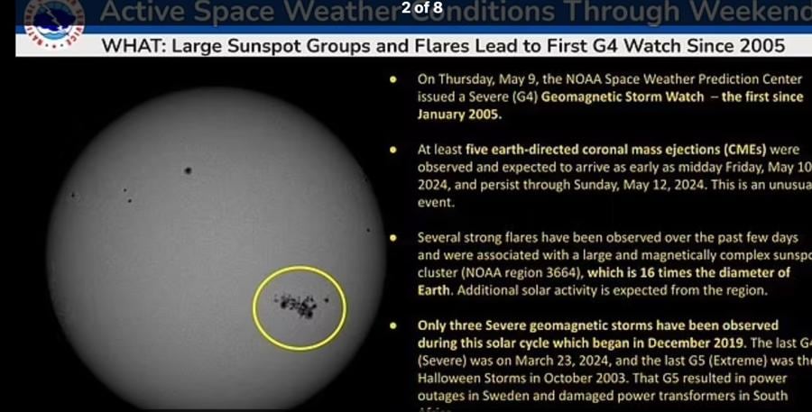 “Il Centro di previsione meteorologica spaziale della NOAA (SWPC) - una divisione del Servizio meteorologico nazionale - sta monitorando il sole in seguito a una serie di brillamenti solari ed espulsioni di massa coronale iniziate l’8 maggio”. Qui si vedono le macchie solari e le eruzioni individuati dagli scienziati