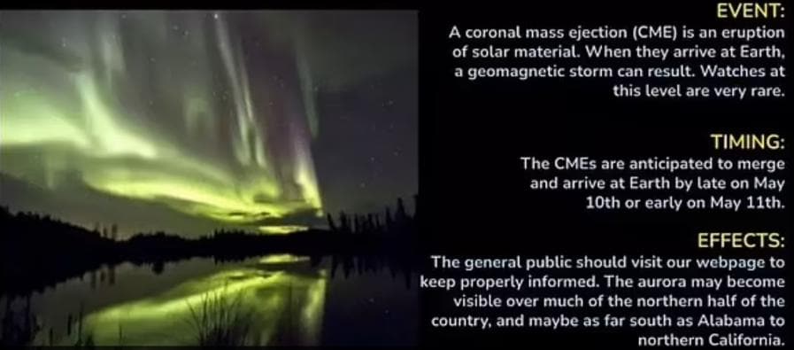 Ulteriori eruzioni solari potrebbero causare il persistere delle condizioni di tempesta geomagnetica per tutto il fine settimana”, hanno spiegato i funzionari, prima di descrivere l’attività anomala che ha allertato gli specialisti spaziali