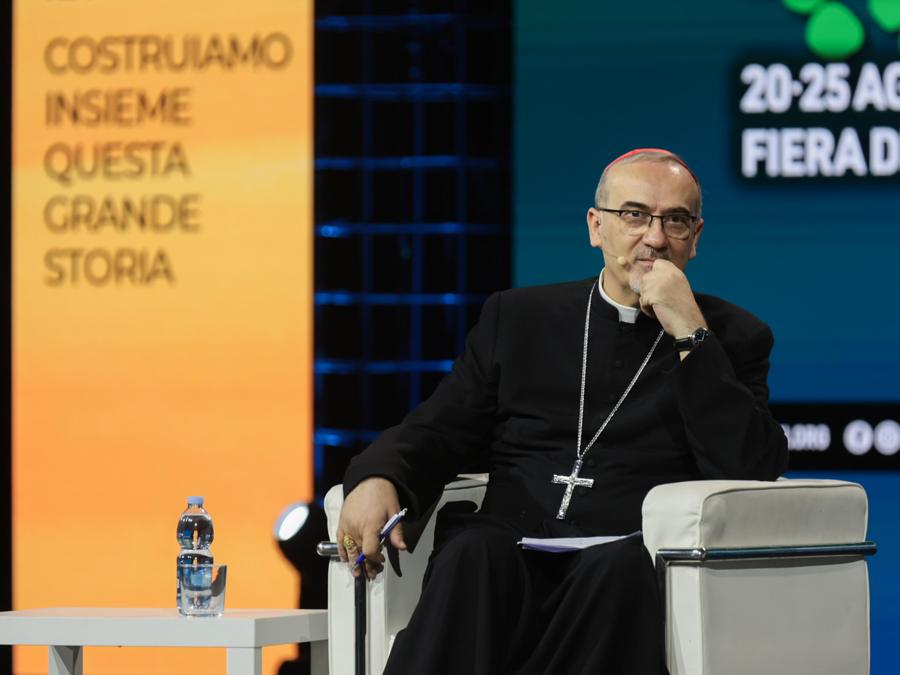 ll patriarca di Gerusalemme dei Latini, Pierbattista Pizzaballa, alla 45ma edizione del Meeting dell'Amicizia fra i Popoli, la tradizionale kermesse di Comunione e Liberazione, a Rimini, 20 agosto 2024. (ANSA / Fabrizio Zani / Pasquale Bove)
