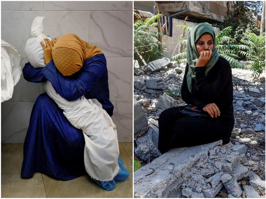 Un’immagine combinata mostra la donna palestinese Inas Abu Maamar, 36 anni, che abbraccia il corpo della nipote Saly di 5 anni, uccisa in un attacco israeliano, all’ospedale Nasser di Khan Younis, nel sud della Striscia di Gaza, il 17 ottobre 2023. (Reuters)