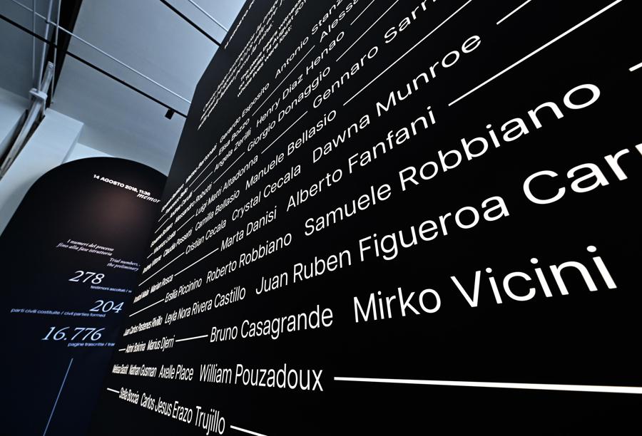  I nomi delle 43 vittime, durante l'inaugurazione del memoriale sorto proprio sotto dove era stata costruita la pila 9 che crollo' il 14 agosto alle 11,36.  ANSA/LUCA ZENNARO.