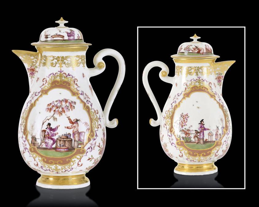 Asta 843 lotto 92 RARA CAFFETTIERA CON COPERCHIO IN PORCELLANA BOTTGER DECORATA A CINESERIE, MEISSEN, 1723-24 CA., DECORATORE JOHANN GREGORIUS HOEROLDT, piriforme con manico ad orecchio, coperchio con presa a trottola, decori policromi entro riserve a cartigli oro e porpora con scenette di personaggi entro paesaggio, volatili, insetti e fiori all'orientale; profili in oro; non marcata; numerale “26” in oro identificativo del doratore sul coperchio e alla base. h 21,5 cm Per caffettiere di analoga forma e decoro esposte in musei e con pubblicazioni documentate si vedano tra gli altri: -Kunstgewerbe Museum, Berlino, rif. inv. HF 19-27. -R. Ruckert, Meissner Porzellan 1710-1810, Monaco, 1966, tav. 47 n. 152. -A.L.den Blaauwen, Meissen porcelain in the Rijskmuseum, Amsterdam, 2000, p.106 rif.53. -H.Syz, J.J.Miller e R.Ruckert, Catalogue of the H.Syz collection. Meissen porcelain and Hausmalerei, Vol. I, Washington, 1979, tav. 28 p.60 e tav.35 p.78. -R.E.Rontgen, The Book of Meissen, Shiffer, Atglen, 1996, p.73 rif. 104-105. -Museo Giuseppe Gianetti di Saronno, cfr. L.B.Bruni in “Porcellane di Meissen. Ceramiche della collezione Gianetti”, Saronno, 1994, pp. 74-75 rif. 41. -La Porcellana di Meissen della collezione Britzke, 2009, p.46. base d'asta: 10.000 € aggiudicato per € 18.450