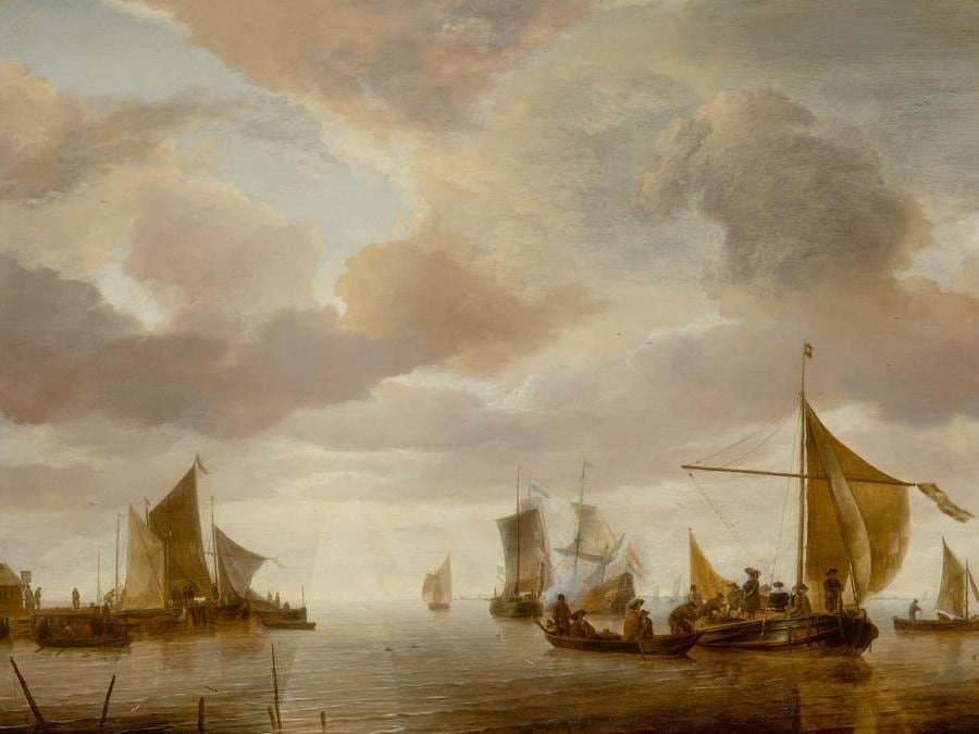 Jan van de Cappelle. A Shipping Scene on a Calm Sea, with a Number of Vessels and Figures, and a Jetty on the Left. signed with monogram lower right, on boat: IVC, oil on panel. 24 1/2 by 32 3/4 in.; 62.2 by 83.2 cm. Estimate $4/6 million. Sold for $4,815,000