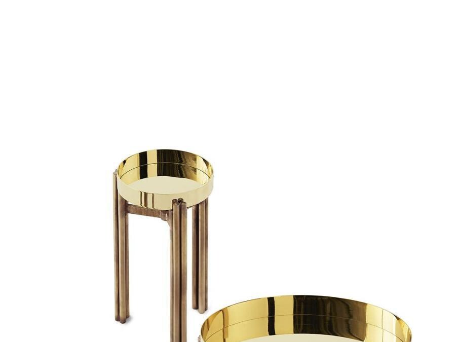 Gallotti&Radice, tavolini Twelve, design Massimo Castagna. Con ciotola in ottone lucido o piano in marmo Calacatta Vagil Oro. Struttura in ottone brunito a mano. In tre dimensioni.