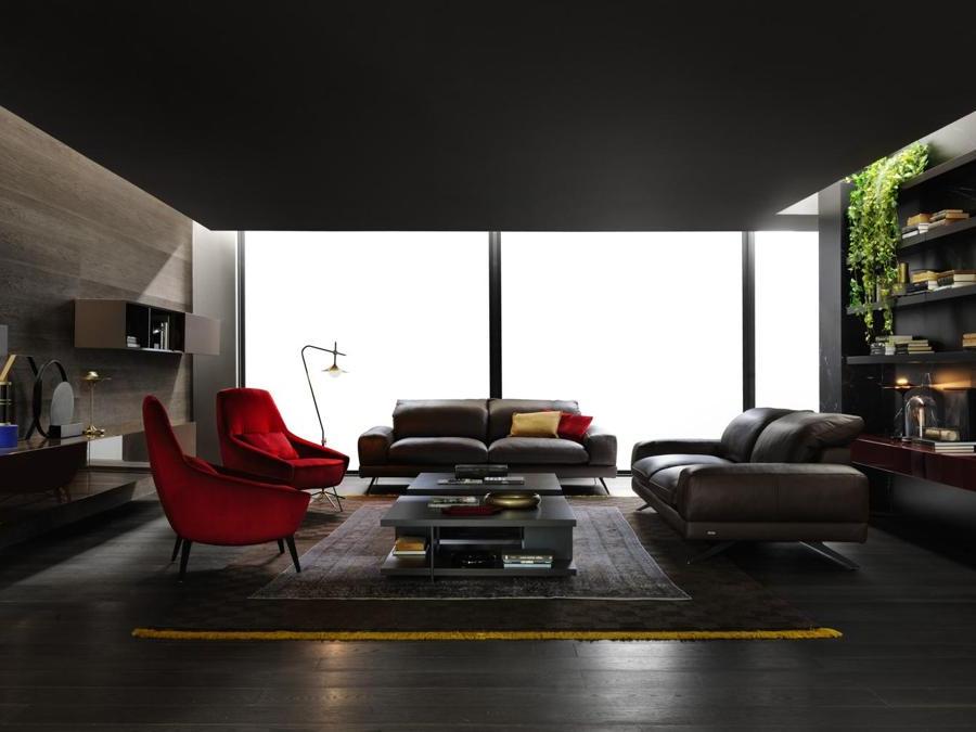 Febal Casa Premium Interior, Dark Mood; nuova collezione composta da soluzioni giorno e notte per un progetto completo, caratterizzato da finiture laccate con cromie a contrasto. Pensili, basi e pareti attrezzate in finitura Caffè Lux e Caffè Matt si contrappongono alla finitura Rosso Vino Matt.