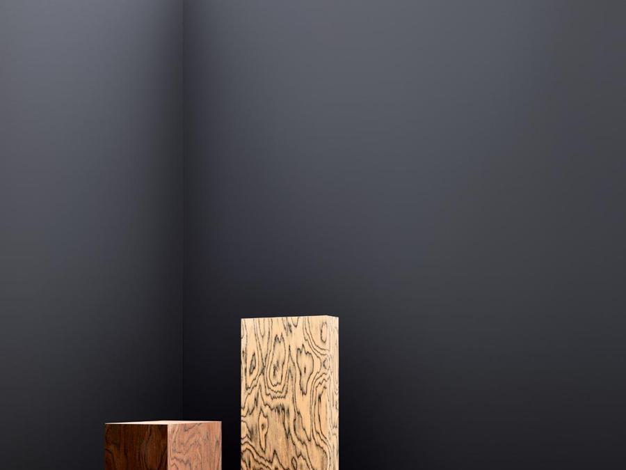 Re-Connection: elementi di arredo di Martino Gamper realizzati con legni di Sottsass per Alpi. Mentre i pezzi, dopo la mostra nello shoroom milanese di Alpi, saranno esposti nella galleria londinese di Martino Gamper, la collezione di pattern in legno composito, nelle in quattro varianti cromatiche, rosso, arancio, marrone e grigio entra a far parte della gamma di legni dell'azienda romagnola. (Ph Federico Cedrone)