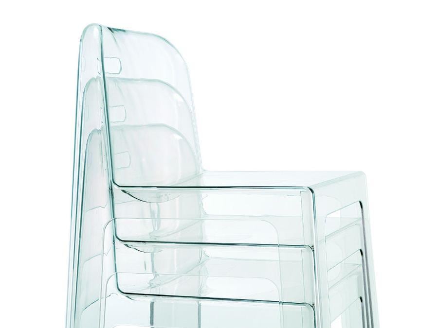 Trono per Segis. Un progetto di Sottsass Associati: sedia impilabile realizzata in un'unica stampata di vari tecnopolimeri. Disponibile in vari colori, è trasformabile in poltroncina con l'aggiunta dell'accessorio Cappuccio. Prezzo: 291,5 euro (versione coprente), 298,9 (versione trasparente)