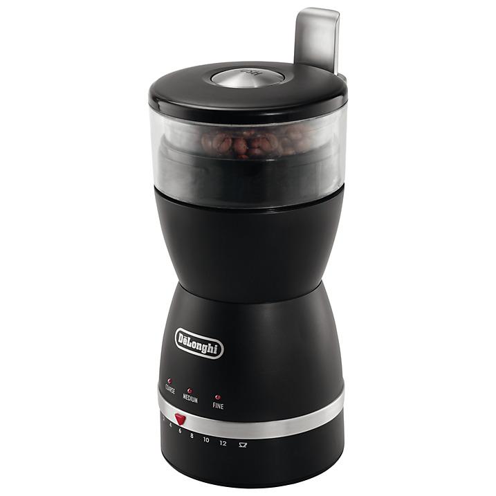 De' Longhi, KG49 Dedica, macinacaffè con una capacità di 90 gr, una potenza di 170 Watt e funziona con un tasto a pressione posto sul coperchio: ha il selettore del grado di macinatura; in dotazion, una spazzolina per pulire l'interno. Euro 45