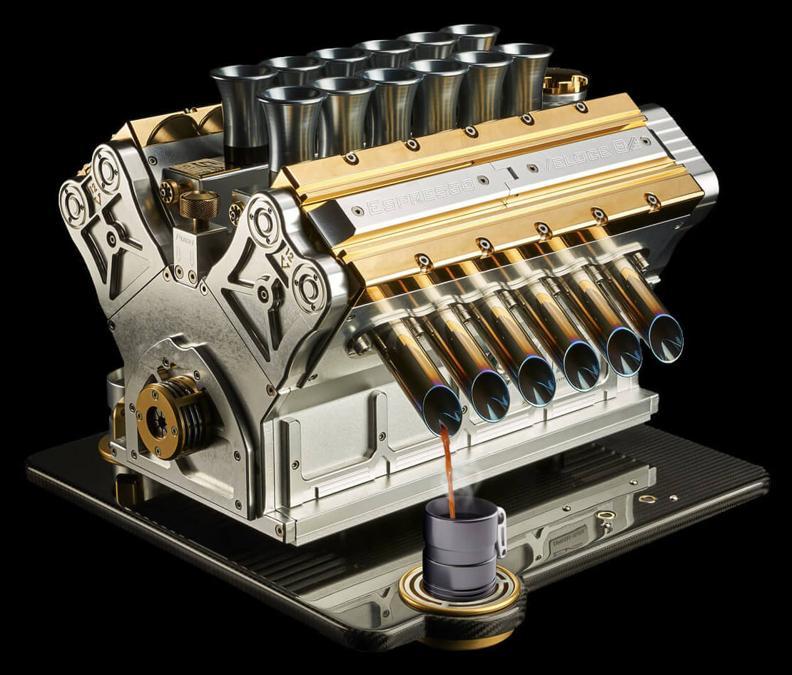 SuperVeloce, V8, V10, V12, macchine espresso speciali, solo su ordinazione, ispirate ai motori della Formula 1, con dispenser di grappa italiana, realizzate in materiali pregiati, a mano, con finiture e soluzioni hi-tech tratte direttamente da quelle aerospaziali. In rosso, blu, arancio, metallo canna di fucile, oro e nero. Eroga un caffè personalizzato di eccezionale qualità. Prezzo a richiesta. Da vedere il sito, è unico: www.superveloce.co