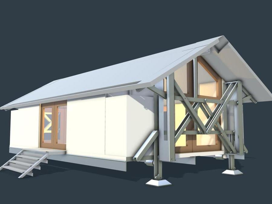 Lo studio inglese Ten Fold Engineering di Oxfordshire ha brevettato un modulo abitativo, disponibile in più versioni, che si trasporta a bordo di un camion per poi dischiudersi in pochi minuti arrivata a destinazione. (www.tenfoldengineering.com)