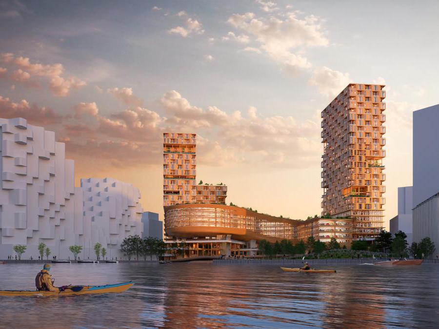 Quayside, quartiere smart di Toronto di Sidewalk Labs, società per l'innovazione urbana di Google; sono previste strutture sostenibili in legno locale, con edifici fino a un massimo di 30 piani (credit Snohetta) 