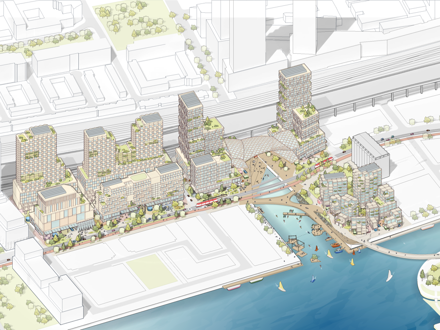 Quayside, quartiere smart di Toronto di Sidewalk Labs, società per l'innovazione urbana di Google; sono previste strutture sostenibili in legno locale, con edifici fino a un massimo di 30 piani (1-2 CREDIT Snohetta) (3-5 CREDIT Heatherwick Studio) (6 CREDIT Sidewalk Labs)