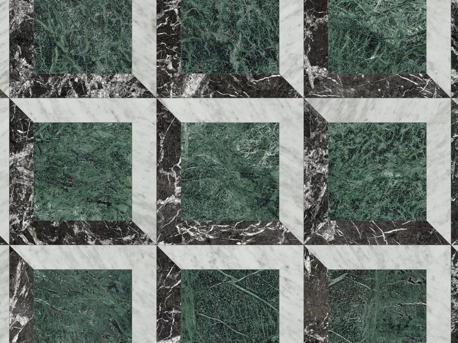 Collezione Marmo, Bisazza. Appia: decoro policromo in marmo ottenuto con l'accostamento di due elementi a forma di spina nella versione Corallo, in marmo Bianco Carrara e Rosso Alicante. Casilina: decoro policromo in marmo ottenuto con l'accostamento di due elementi a forma di doga e quadrato, nella versione Felce: in marmo Nero Marquinia, Bianco Carrara e Grigio Carnico.