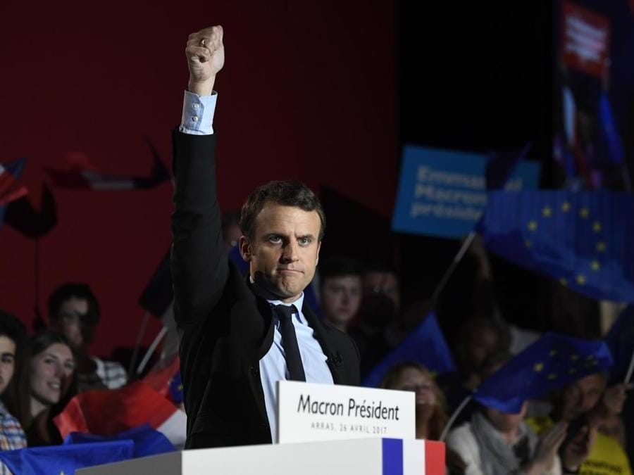 Emmanuel Macron, ai tempi della sua candidatura a Presidente della Repubblica Francese, per il movimento EnMarche, 26 aprile 2017. ( AFP PHOTO / Eric Feferberg)