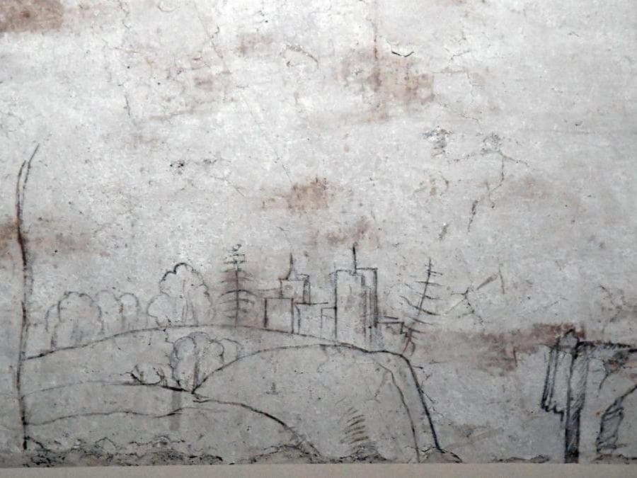 Uno dei disegni a carboncino, tracce di disegni preparatori attribuiti a Leonardo da Vinci, nella Sala delle Asse dipinta da Leonardo. ANSA/DANIEL DAL ZENNARO