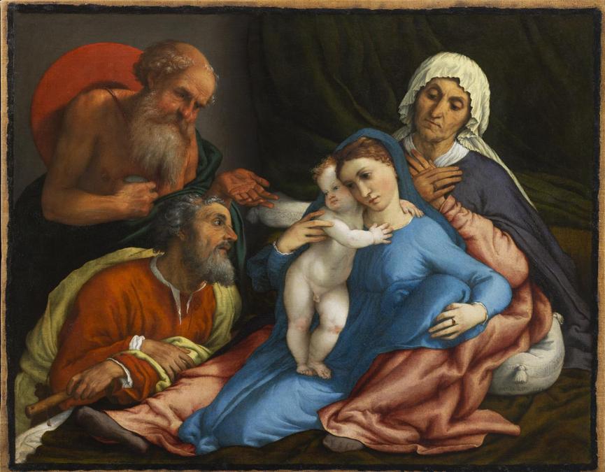 Lorenzo Lotto. Sacra Famiglia con Sant'Anna e San Gerolamo, 1534. Olio su tela, 67,2 x 85 cm. Firenze, Gallerie degli Uffizi