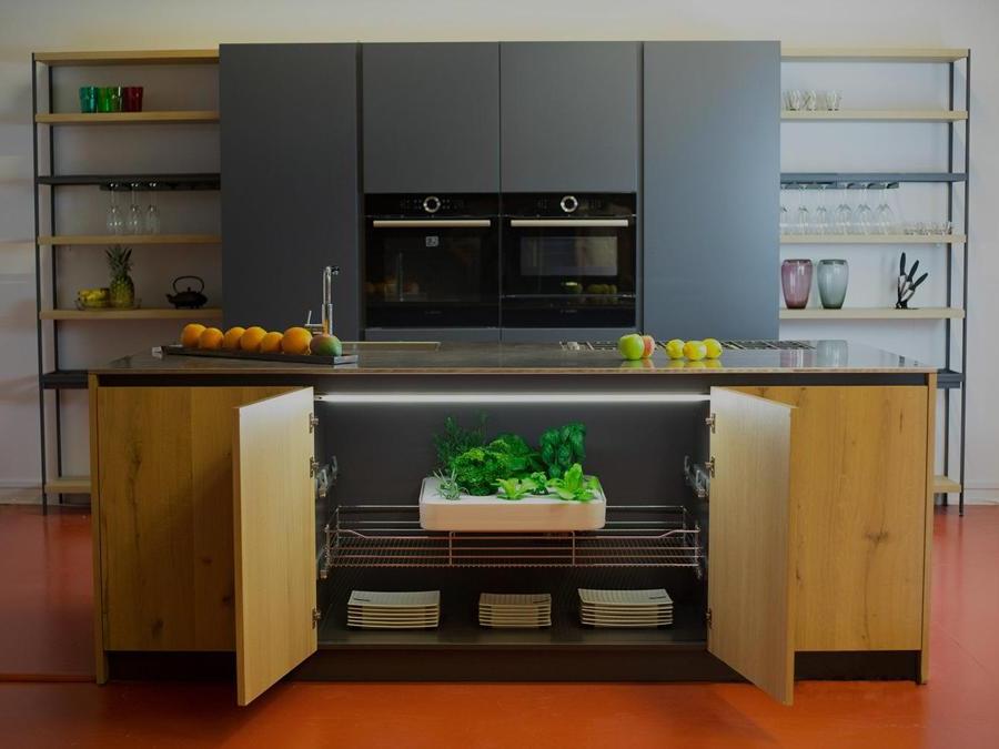 Vegidair, mobile da incasso o free standing per coltivare 16 varietà, finanziato da crowdfunding Kichstarter, può fornire sino a 20 kg di insalatina all'anno; Sul display è possibile leggere indicazioni, allarmi, news.