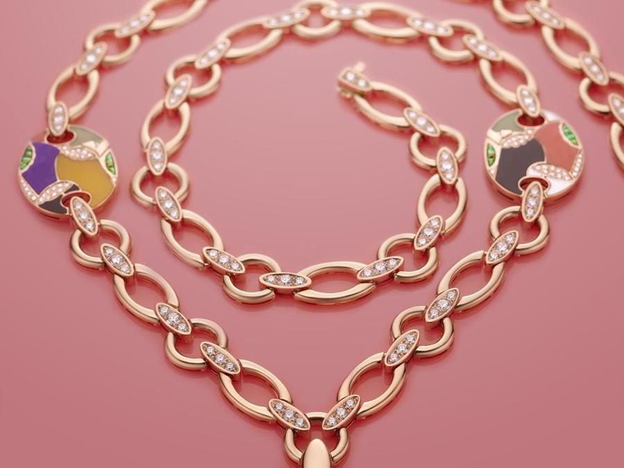 Collana GELATI Collezione Festa Bulgari Alta Gioielleria in oro rosa con pietre semipreziose smeraldi diamanti