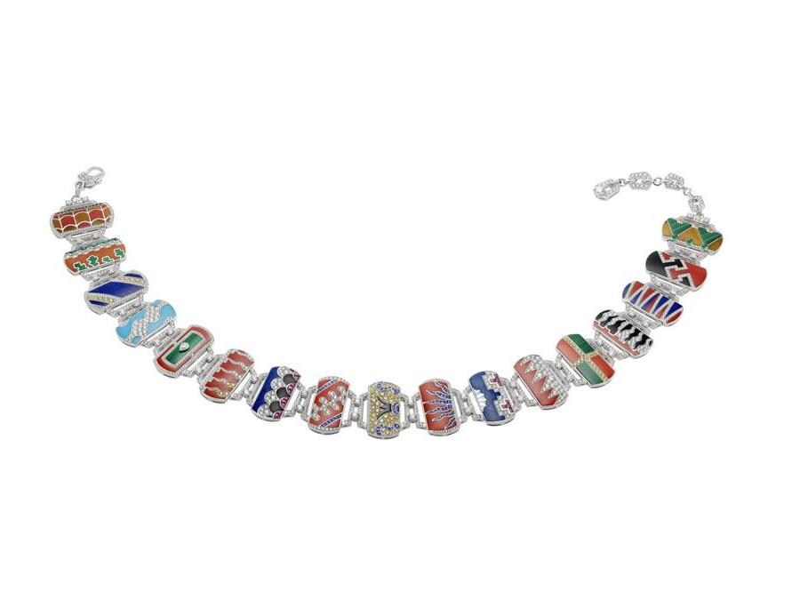 Collana PALIO DI SIENA Collezione Festa Bulgari Alta Gioielleria in oro bianco con pietre semipreziose smeraldi e diamanti 