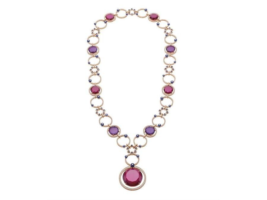 Collana TAMBURELLI Collezione Festa Bulgari Alta Gioielleria in oro rosa rubelliti ametiste zaffiri diamanti