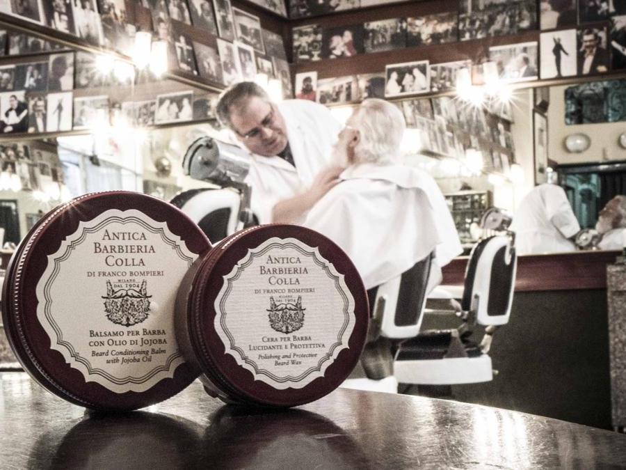 Balsamo e Cera per Barba Antica Barbieria Colla. Due prodotti per mantenere morbida la barba, prevenendo screpolature e arrossamenti. Ottimo come difesa da vento e freddo e per restituire nutrimento e lucidità al pelo