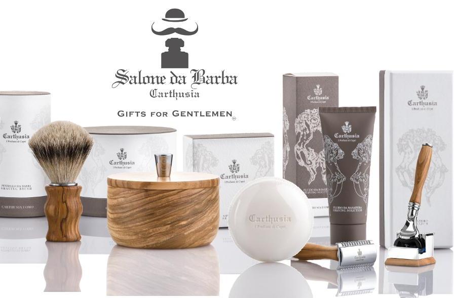 Gifts for Gentlemen di Carthusia. Una collezione che comprende pennelli, rasoi, fluidi rasatura e dopo barba ricchi di principi attivi per un grooming perfetto.