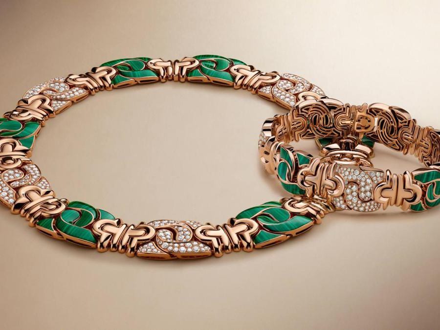 Bulgari, collier e bracciale con inserti di malachite