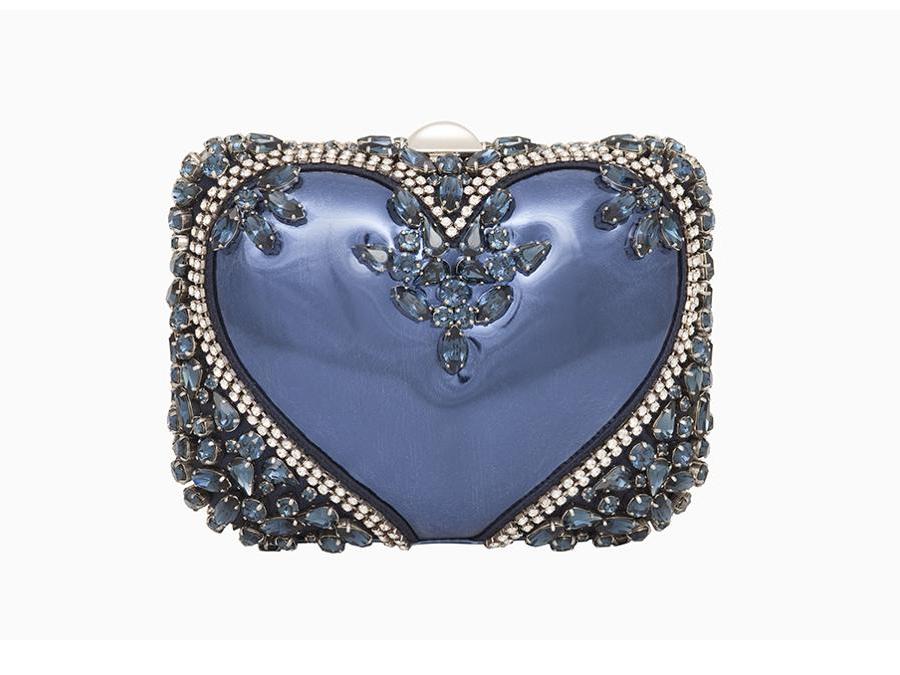 Rodo, Heart Boule Clutch in vitello specchiato blu e cristalli