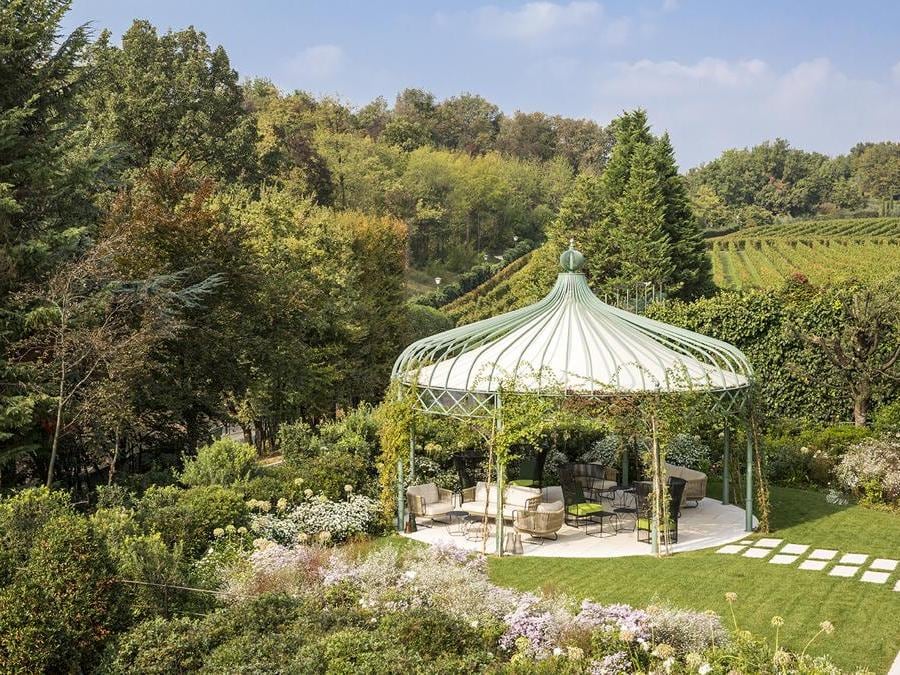 L'Albereta. Un capitolo a parte nella storia dell'Albereta merita la Vigna Leone. Con circa un ettaro di viti piantate più di venti anni fa, si estende nel grande giardino intorno al Relais. Molte camere si affacciano su questo “giardino essenziale” dove, più delle piante, conta il disegno complessivo. 