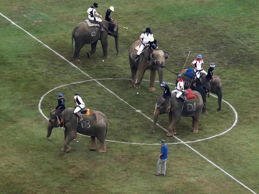 Giocatori durante l’annuale partita del King's Cup Elephant Polo Tournament a Bangkok. (REUTERS)