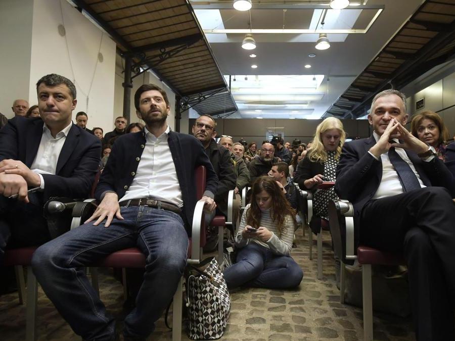 Roma, 25 Febbraio 2017 Arturo Scotto, Roberto Speranza e Enrico Rossi durante la prima assemblea del Movimento Democratici e Progressisti ph. © Luigi Mistrulli