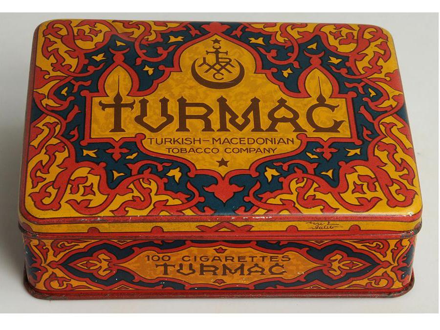 Scatola di sigarette Turmac, metallo verniciato a lacca industriale. Design 1928ca, per la Turmac Turkish-Macedonian Tobacco Co., Zurigo, CH