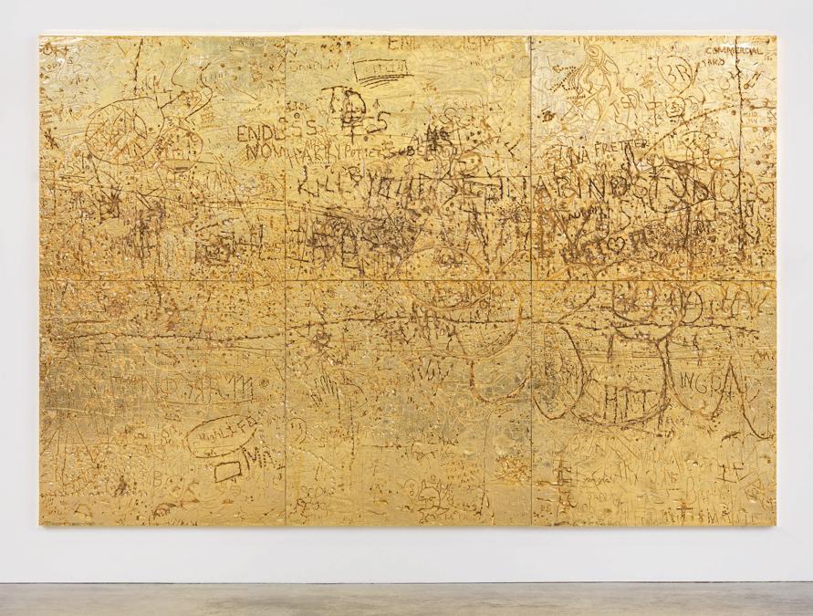 Lot 32. Property from a Prestigious American Collection.Rudolf Stingel. Untitled, electroformed copper, plated nickel and gold, stainless steel frame, in six parts, each: 47 1/4 by 47 1/4 by 1 1/2 in. 120 by 120 by 3.8 cm., overall: 94 1/2 by 141 3/4 by 1 1/2 in. 240 by 360 by 3.8 cm. Executed in 2012. Estimate $6/8 million. Sold for $6,870,200
