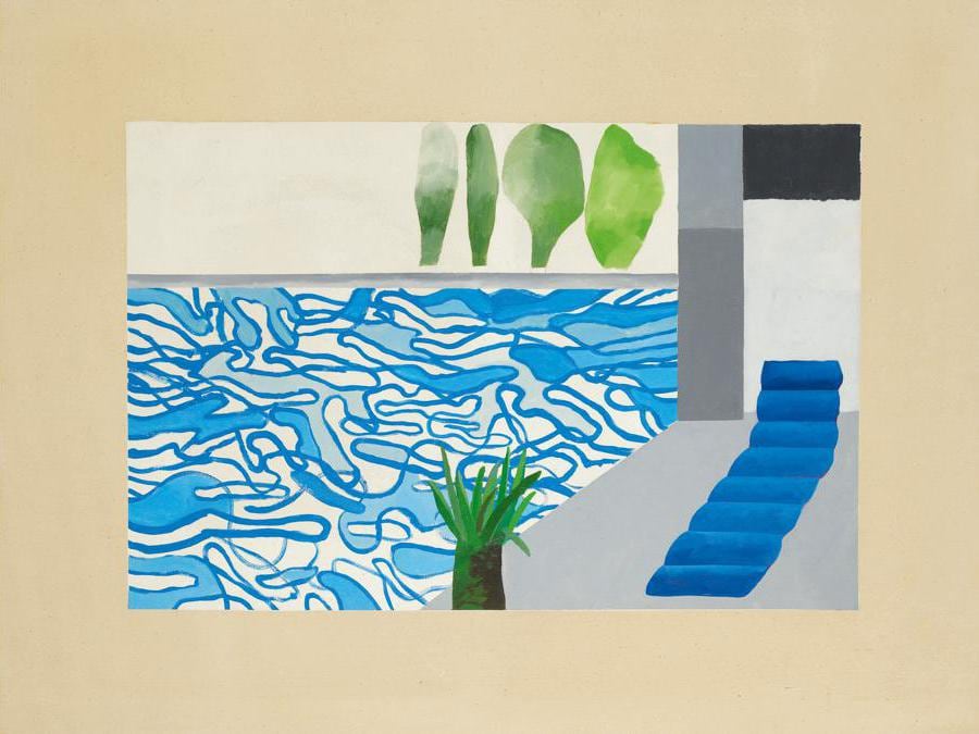 Lot 8. Property from an American Collection. David Hockney. Picture of a Hollywood Swimming Pool, acrylic on canvas, 36 1/8 by 48 1/8 in. 91.8 by 122.2 cm. Executed in 1964. Estimate $6/8 million. Sold for $ 7,211,900