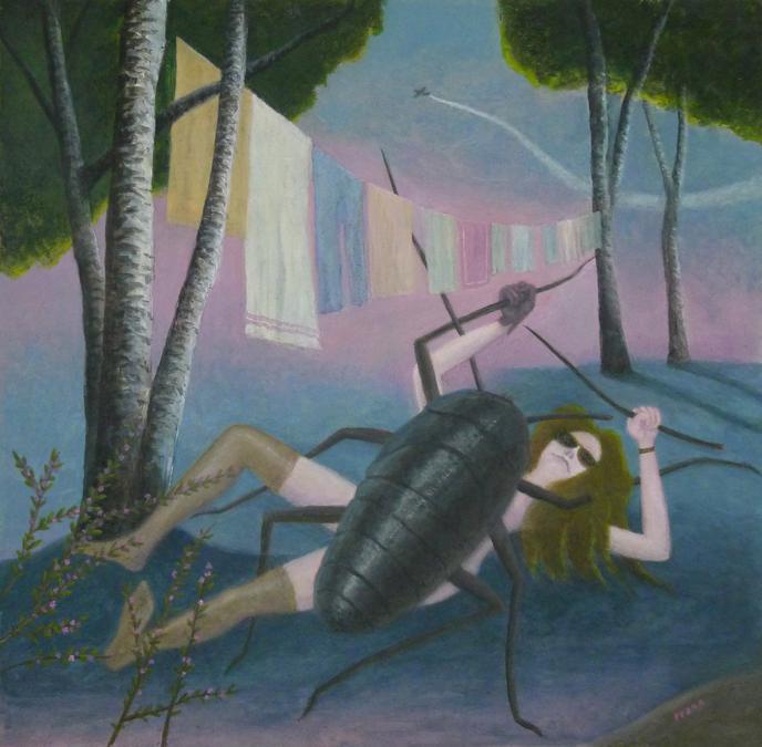 Cosmoscow 2019, LEV POVZNER (1939) ,Production Of Heat, Required For Drying Clothes, From Spiegel Series, 2010, Acrylic Paint On Oilcloth 66 X 67 cm  Courtesy Of The Artist (prezzi da 1.500 a 12.000 euro). Dawid Radziszewski Gallery (Varsavia) 