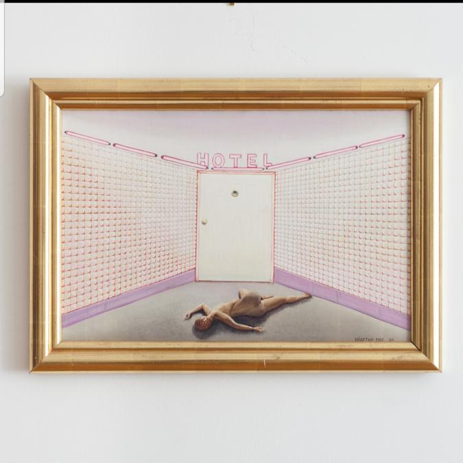Ida Szigethy, Heartbreak Hotel, Materiali misti e olio su cartone, 1977, 32x49. In vendita alla galleria Vin Vin di Vienna per 36.000 euro